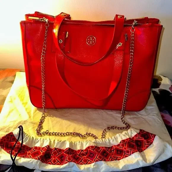 Tory Burch RED Robinson Double Zip Tote with cross body EUC - Picture 2 of 15